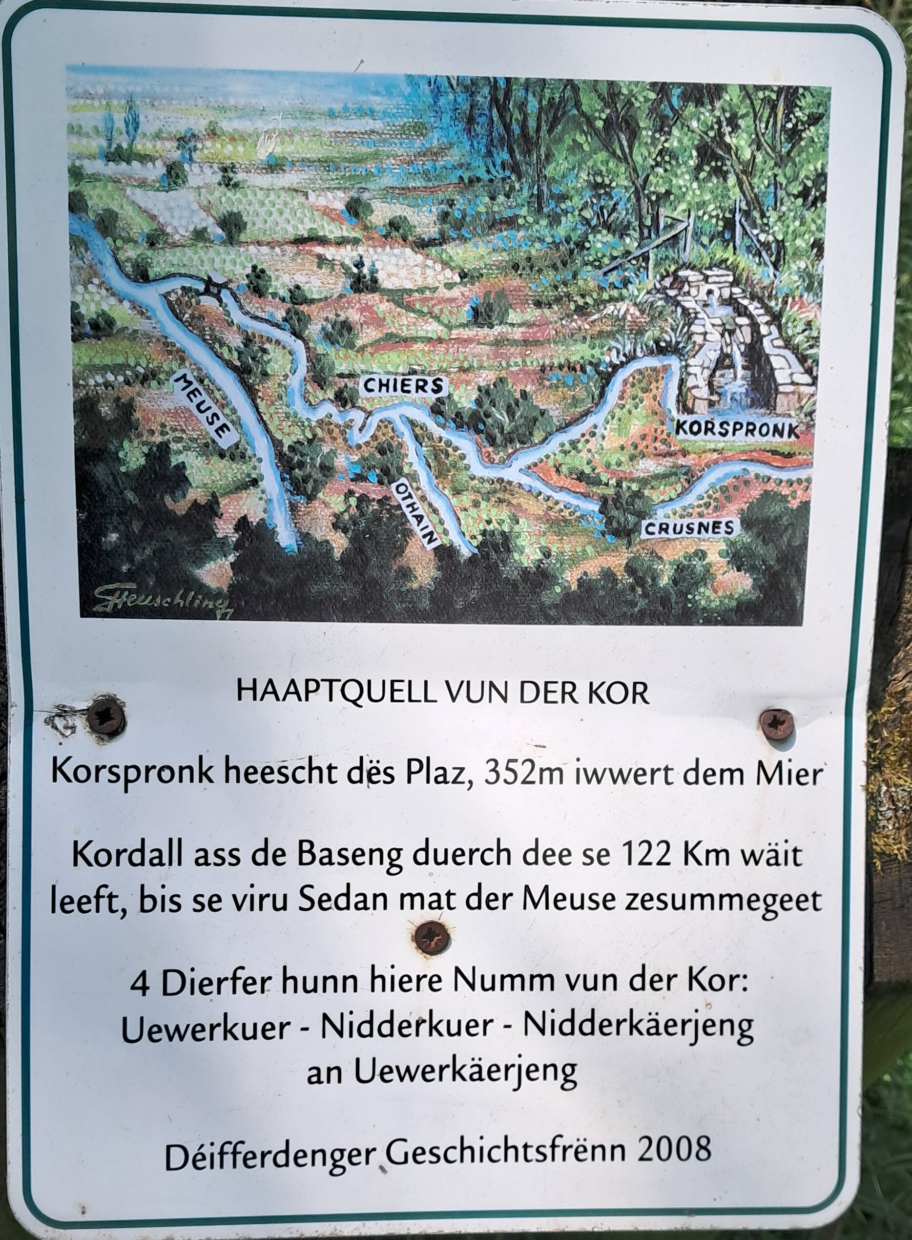 A weathered metal information panel at Korspronk with a painted map showing the rivers Chiers, Meuse, Othain and Crusnes above Luxembourgish text.
