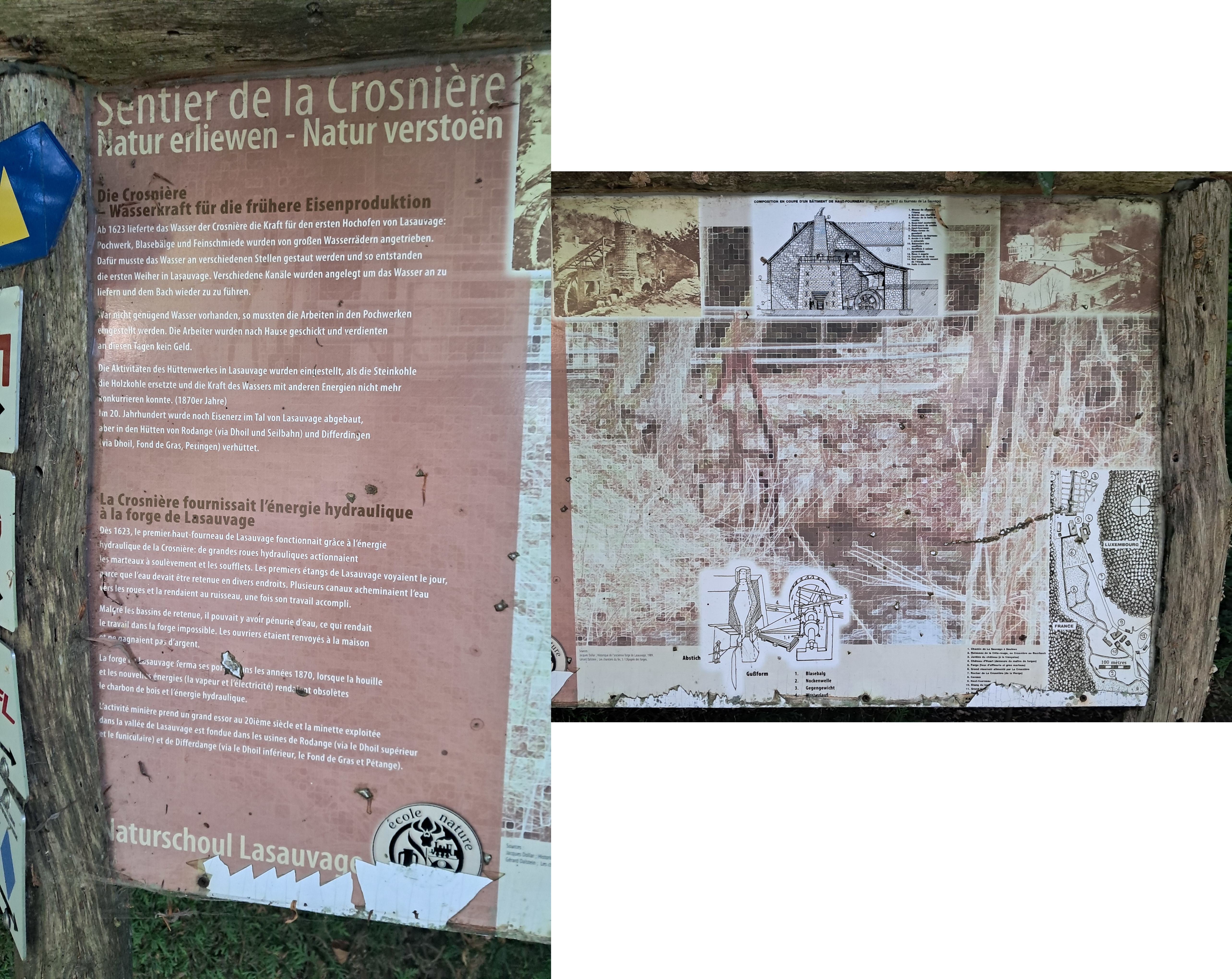 Collage of two photographs showing a weathered information board on the Sentier de la Crosnière, with German and French text alongside historical drawings, technical diagrams and maps of former water-powered installations around Lasauvage.
